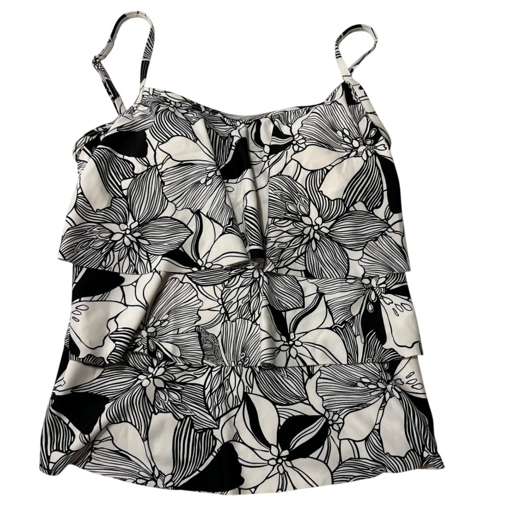 Stella Parker Womens Black White Floral Tiered Ruffle Tankini Swim Top‎ Small
